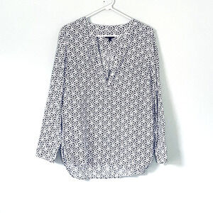 Talbots Top Size Small Blue White Print Tunic 100% Linen Lagenlook Coastal